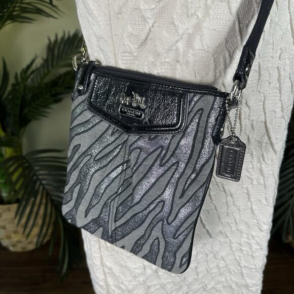 Coach Handbags - Coach crossbody bag Canvas zebra Black Silver Gray patent trim leather